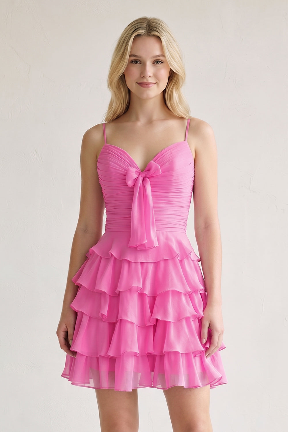 Pink Spaghetti Straps A Line Chiffon Ruffles Homecoming Dresses With Bow-KISSPROM
