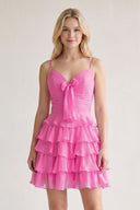 Pink Spaghetti Straps A Line Chiffon Ruffles Homecoming Dresses With Bow-KISSPROM
