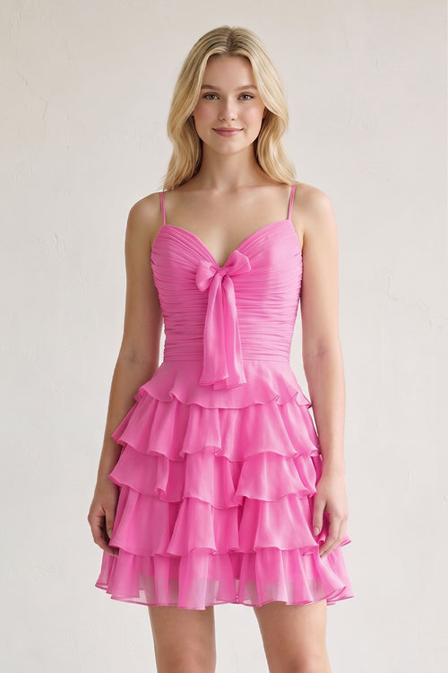 Pink Spaghetti Straps A Line Chiffon Ruffles Homecoming Dresses With Bow-KISSPROM
