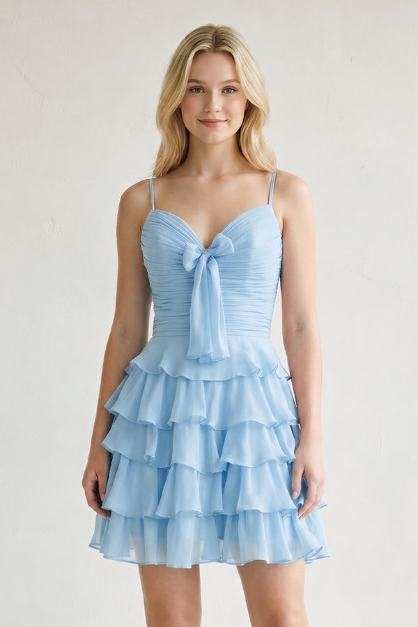 Sky Blue Spaghetti Straps A Line Chiffon Ruffles Homecoming Dresses With Bow-KISSPROM