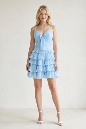 Sky Blue Spaghetti Straps A Line Chiffon Ruffles Homecoming Dresses With Bow-KISSPROM