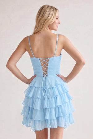 Sky Blue Spaghetti Straps A Line Chiffon Ruffles Homecoming Dresses With Bow-KISSPROM