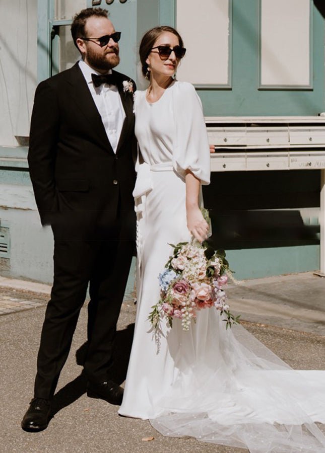 Simple Elegant Half Sleeves Crepe O - Neck White Wedding Dresses with Sash - KissProm