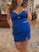 Halia | Royal Blue - Spaghetti Straps Bodycon Satin Cutout Pleated Homecoming Dresses