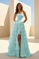 Haliah | Aqua - Strapless A Line Chiffon Tiered Prom Dresses With Appliques - KissProm