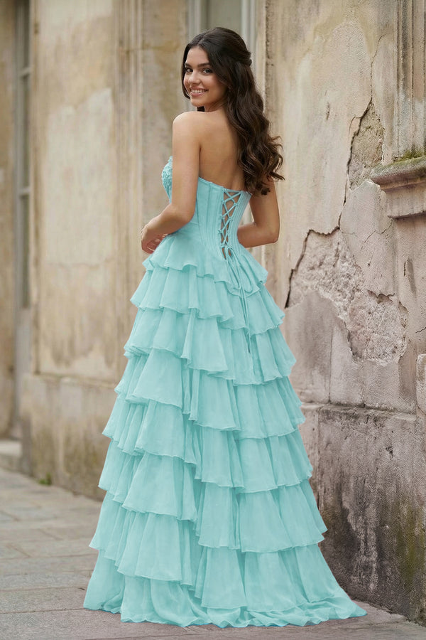 KissProm-Aqua  Strapless A Line Chiffon Tiered Prom Dresses With Appliques