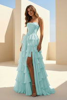 Haliah | Aqua - Strapless A Line Chiffon Tiered Prom Dresses With Appliques - KissProm