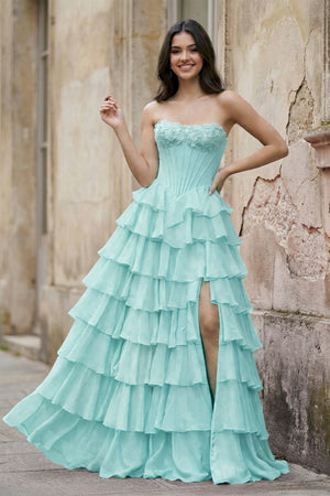 KissProm-Aqua  Strapless A Line Chiffon Tiered Prom Dresses With Appliques