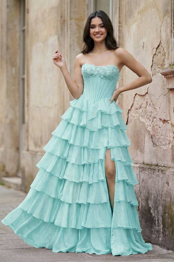 KissProm-Aqua  Strapless A Line Chiffon Tiered Prom Dresses With Appliques