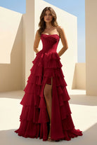 Haliah | Burgundy - Strapless A Line Chiffon Tiered Prom Dresses With Appliques - KissProm