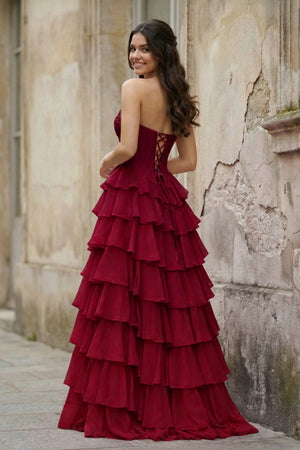 KissProm-Burgundy Strapless A Line Chiffon Tiered Prom Dresses With Appliques