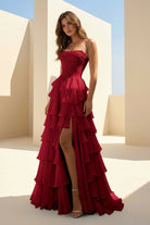 Haliah | Burgundy - Strapless A Line Chiffon Tiered Prom Dresses With Appliques - KissProm