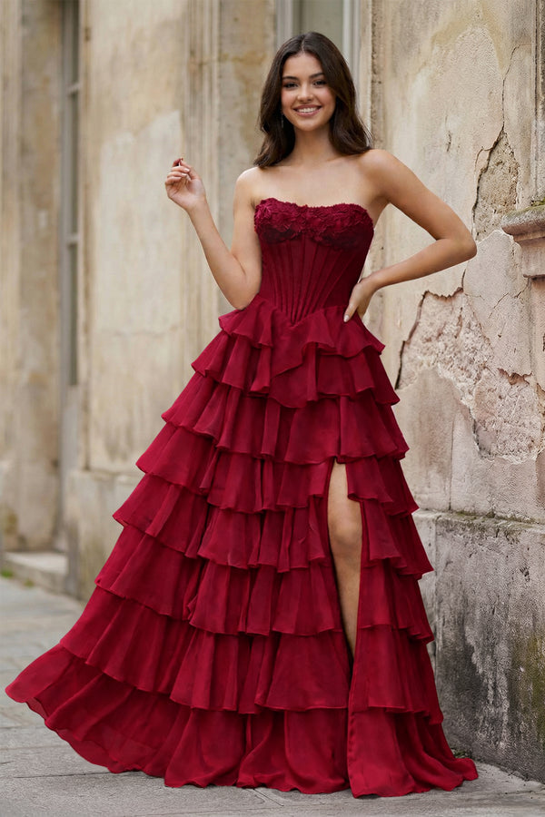 KissProm-Burgundy Strapless A Line Chiffon Tiered Prom Dresses With Appliques