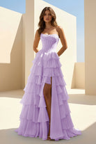 Haliah | Lavender - Strapless A Line Chiffon Tiered Prom Dresses With Appliques - KissProm