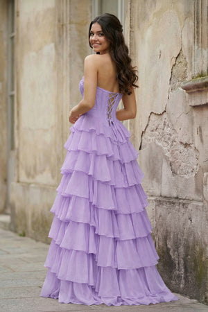 KissProm-Lavender Strapless A Line Chiffon Tiered Prom Dresses With Appliques