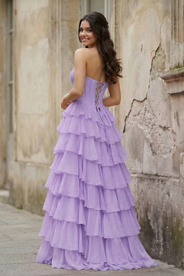 KissProm-Lavender Strapless A Line Chiffon Tiered Prom Dresses With Appliques