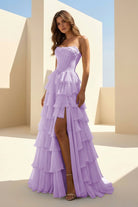 Haliah | Lavender - Strapless A Line Chiffon Tiered Prom Dresses With Appliques - KissProm