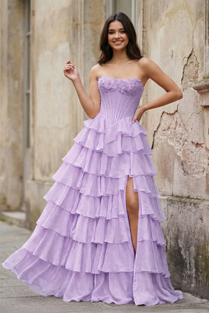 KissProm-Lavender Strapless A Line Chiffon Tiered Prom Dresses With Appliques
