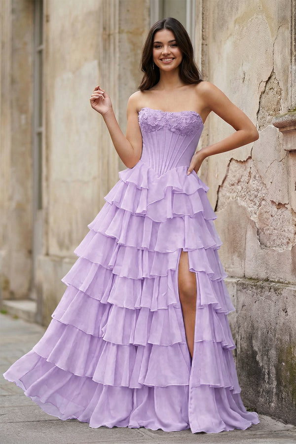 KissProm-Lavender Strapless A Line Chiffon Tiered Prom Dresses With Appliques