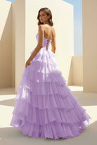 Haliah | Lavender - Strapless A Line Chiffon Tiered Prom Dresses With Appliques - KissProm