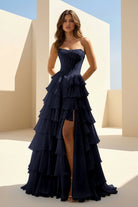 Haliah | Navy Blue - Strapless A Line Chiffon Tiered Prom Dresses With Appliques - KissProm
