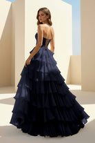 Haliah | Navy Blue - Strapless A Line Chiffon Tiered Prom Dresses With Appliques - KissProm
