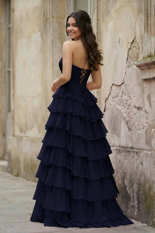 KissProm-Navy Blue Strapless A Line Chiffon Tiered Prom Dresses With Appliques