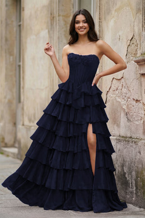 KissProm-Navy Blue Strapless A Line Chiffon Tiered Prom Dresses With Appliques