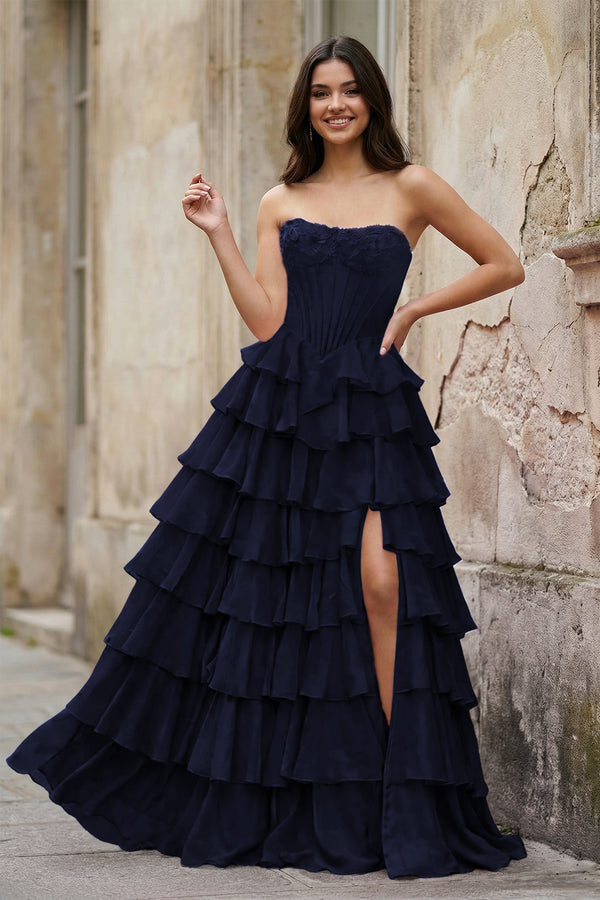KissProm-Navy Blue Strapless A Line Chiffon Tiered Prom Dresses With Appliques