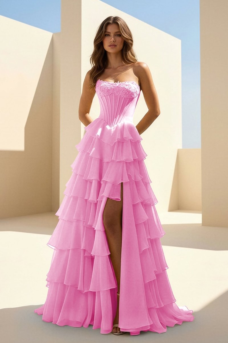 Haliah | Pink - Strapless A Line Chiffon Tiered Prom Dresses With Appliques - KissProm