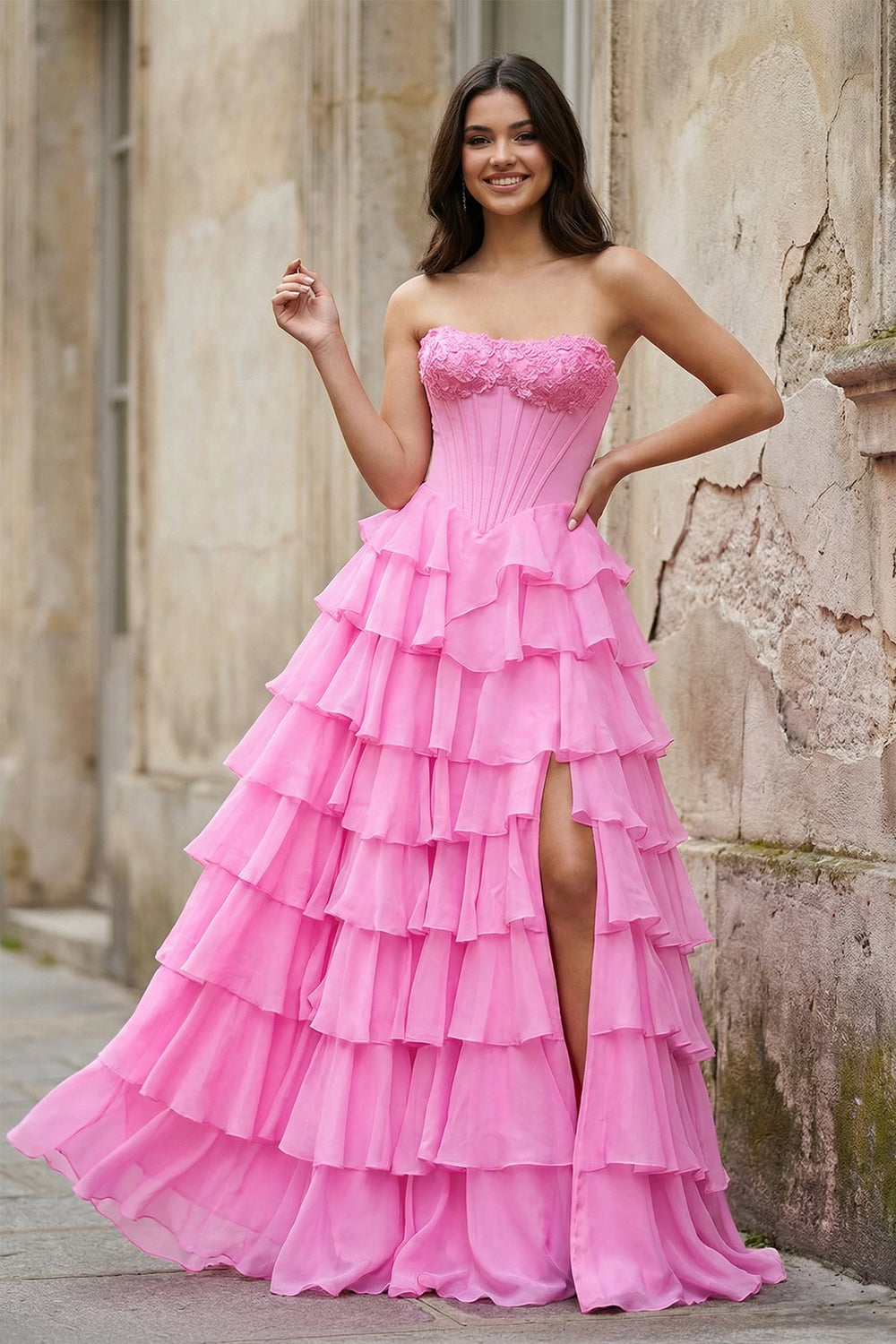 KissProm- Pink Strapless A Line Chiffon Tiered Prom Dresses With Appliques