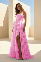 Haliah | Pink - Strapless A Line Chiffon Tiered Prom Dresses With Appliques - KissProm