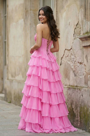 KissProm- Pink Strapless A Line Chiffon Tiered Prom Dresses With Appliques