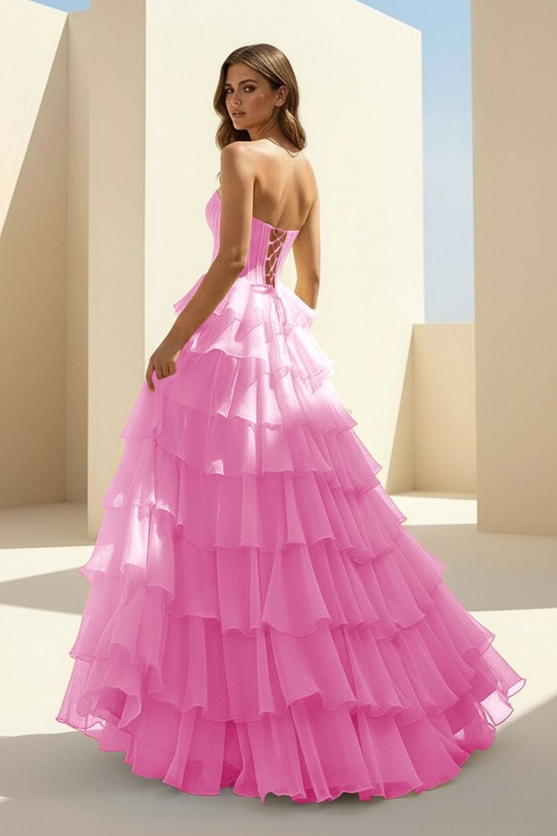 Haliah | Pink - Strapless A Line Chiffon Tiered Prom Dresses With Appliques - KissProm