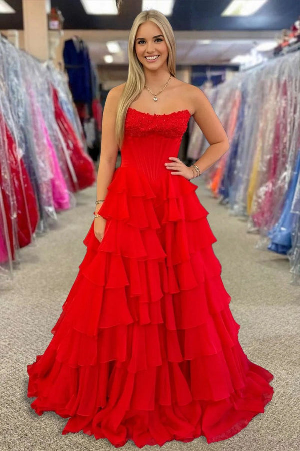 Haliah | Red - Strapless A Line Chiffon Tiered Prom Dresses With Appliques - KissProm
