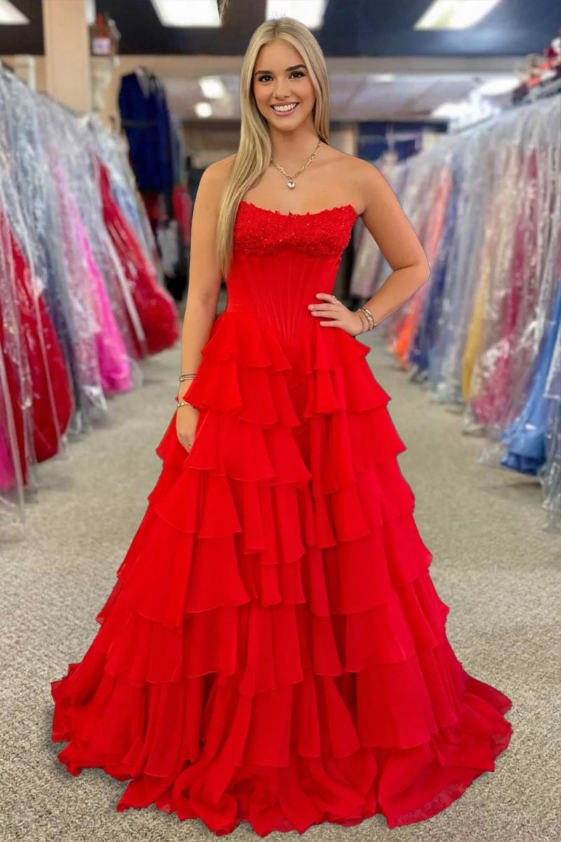 Haliah | Red - Strapless A Line Chiffon Tiered Prom Dresses With Appliques - KissProm