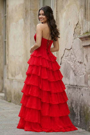 KissProm-Red  Strapless A Line Chiffon Tiered Prom Dresses With Appliques