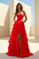 Haliah | Red - Strapless A Line Chiffon Tiered Prom Dresses With Appliques - KissProm