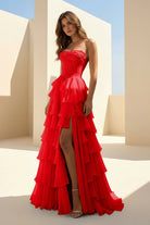 Haliah | Red - Strapless A Line Chiffon Tiered Prom Dresses With Appliques - KissProm