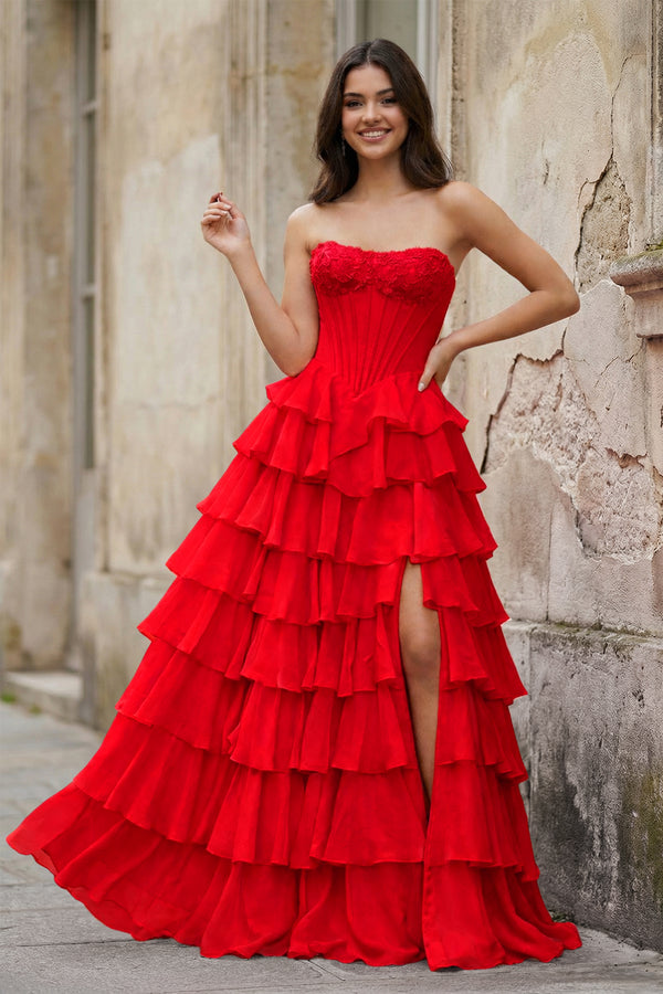 KissProm-Red  Strapless A Line Chiffon Tiered Prom Dresses With Appliques