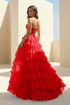 Haliah | Red - Strapless A Line Chiffon Tiered Prom Dresses With Appliques - KissProm