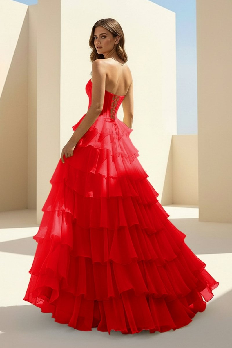 Haliah | Red - Strapless A Line Chiffon Tiered Prom Dresses With Appliques - KissProm