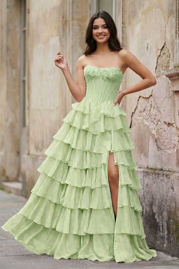 KissProm-Sage Green Strapless A Line Chiffon Tiered Prom Dresses With Appliques