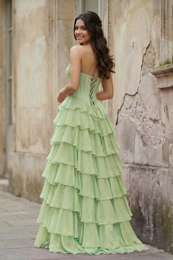 KissProm-Sage Green Strapless A Line Chiffon Tiered Prom Dresses With Appliques