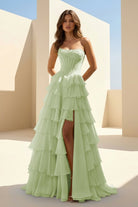 Haliah | Sage - Strapless A Line Chiffon Tiered Prom Dresses With Appliques - KissProm