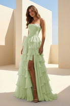 Haliah | Sage - Strapless A Line Chiffon Tiered Prom Dresses With Appliques - KissProm