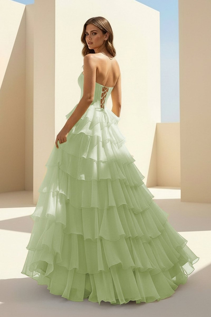 Haliah | Sage - Strapless A Line Chiffon Tiered Prom Dresses With Appliques - KissProm