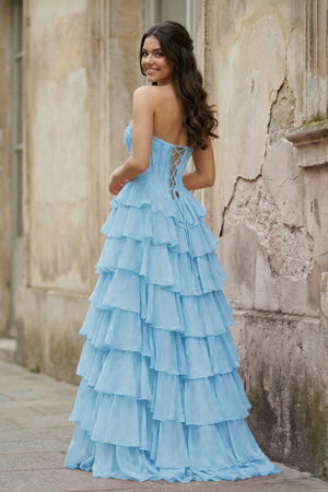 KissProm-Sky Blue Strapless A Line Chiffon Tiered Prom Dresses With Appliques