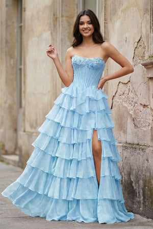 KissProm-Sky Blue Strapless A Line Chiffon Tiered Prom Dresses With Appliques