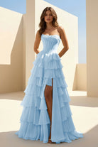 Haliah | Sky Blue - Strapless A Line Chiffon Tiered Prom Dresses With Appliques - KissProm